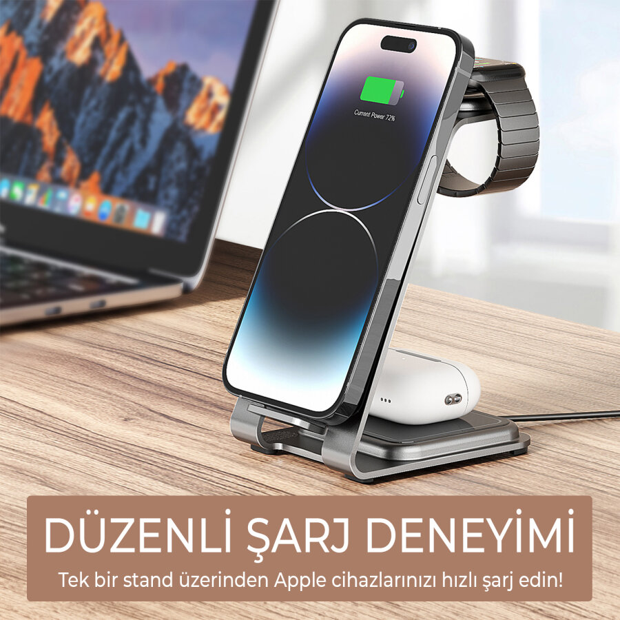 Bix 15W 3’ü 1 Arada iPhone Apple Watch AirPods Uyumlu Ultra İnce Manyetik Kablosuz Şarj İstasyonu - 10