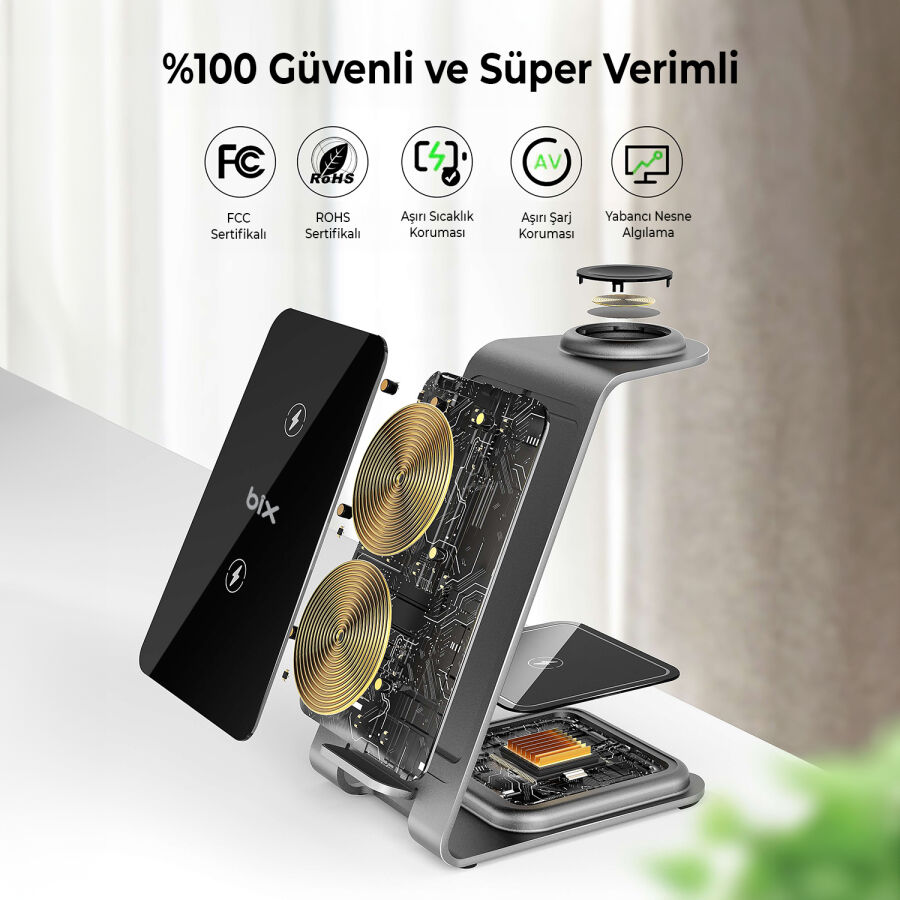 Bix 15W 3’ü 1 Arada iPhone Apple Watch AirPods Uyumlu Ultra İnce Manyetik Kablosuz Şarj İstasyonu - 8