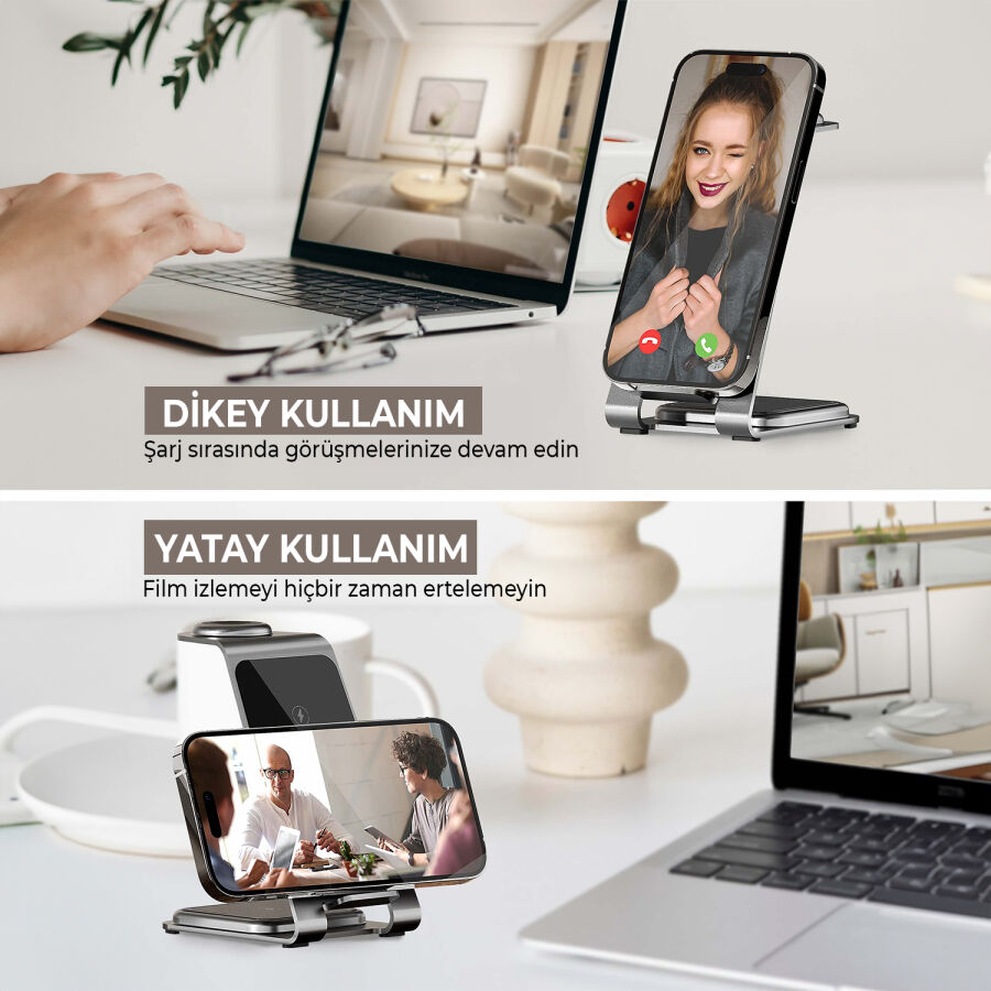 Bix 15W 3’ü 1 Arada iPhone Apple Watch AirPods Uyumlu Ultra İnce Manyetik Kablosuz Şarj İstasyonu - 9