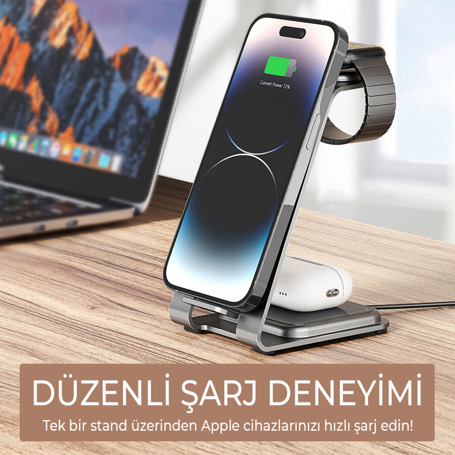 Bix 15W 3’ü 1 Arada iPhone Apple Watch AirPods Uyumlu Ultra İnce Manyetik Kablosuz Şarj İstasyonu - 10