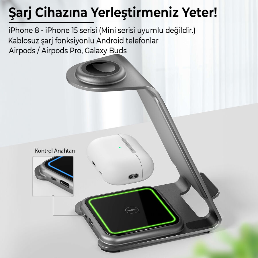 Bix 15W 3’ü 1 Arada iPhone Apple Watch AirPods Uyumlu Ultra İnce Manyetik Kablosuz Şarj İstasyonu - 6