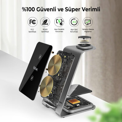 Bix 15W 3’ü 1 Arada iPhone Apple Watch AirPods Uyumlu Ultra İnce Manyetik Kablosuz Şarj İstasyonu - 8