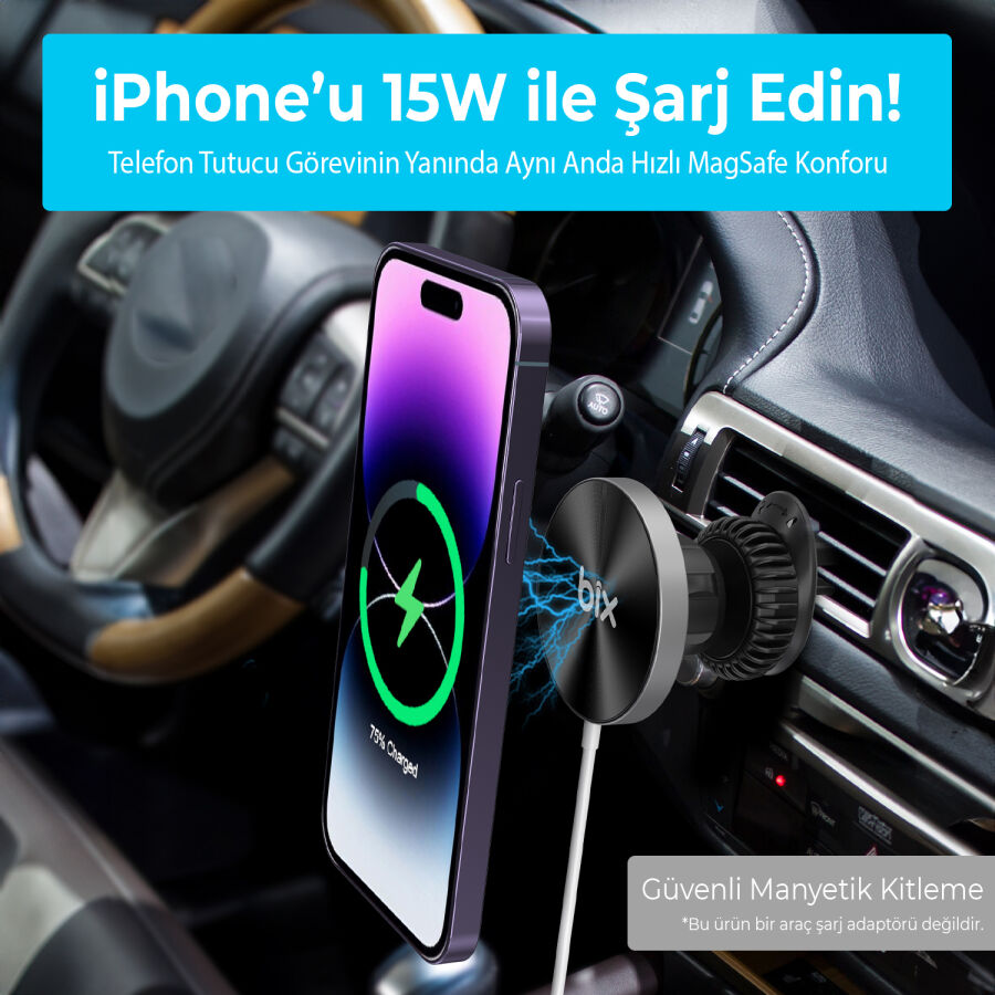 Bix 15W MagSafe Uyumlu Kablosuz Şarj ve Manyetik Araç içi Telefon Tutucu Siyah - 7
