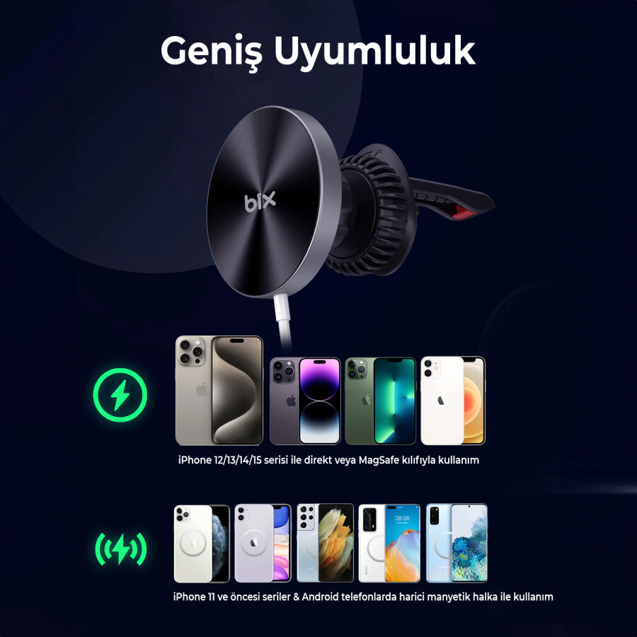 Bix 15W MagSafe Uyumlu Kablosuz Şarj ve Manyetik Araç içi Telefon Tutucu Siyah - 10