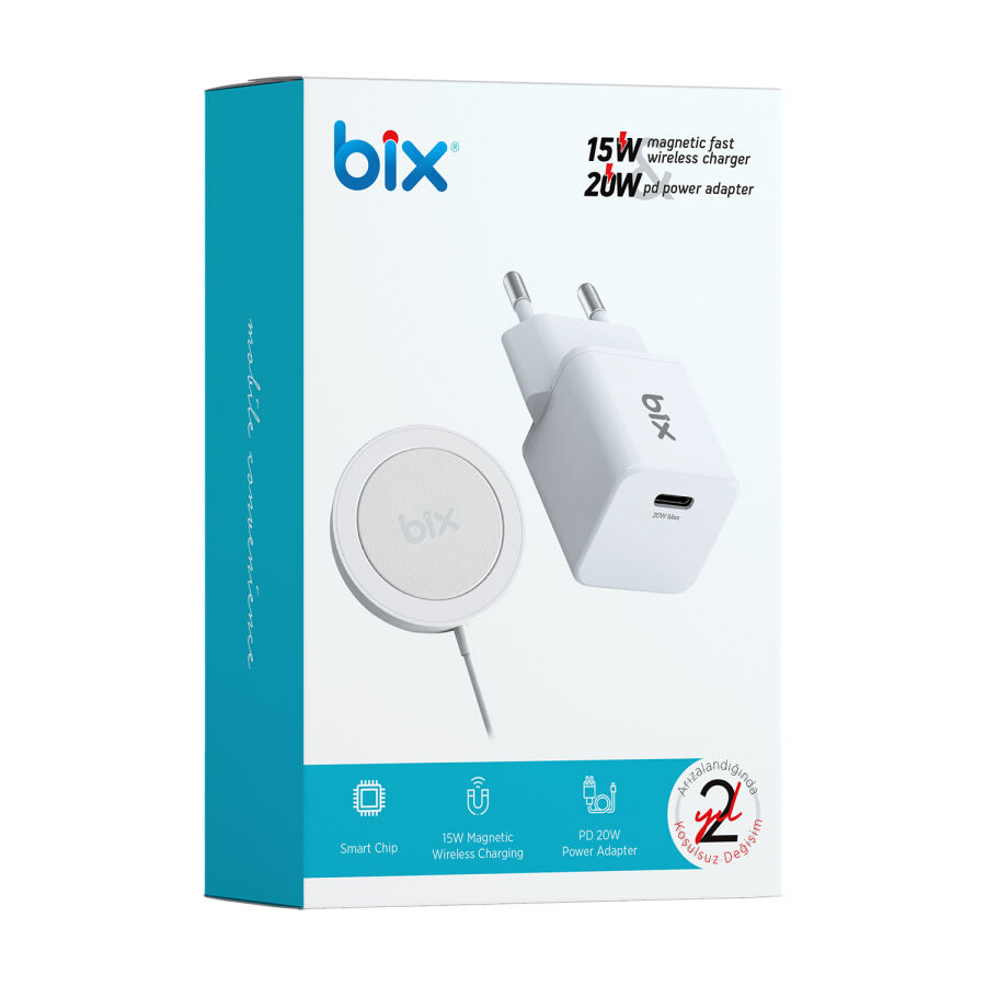 Bix 15W Manyetik Kablosuz Şarj Cihazı ve 20W GaN Type-C PD Şarj Adaptörü Beyaz - 5