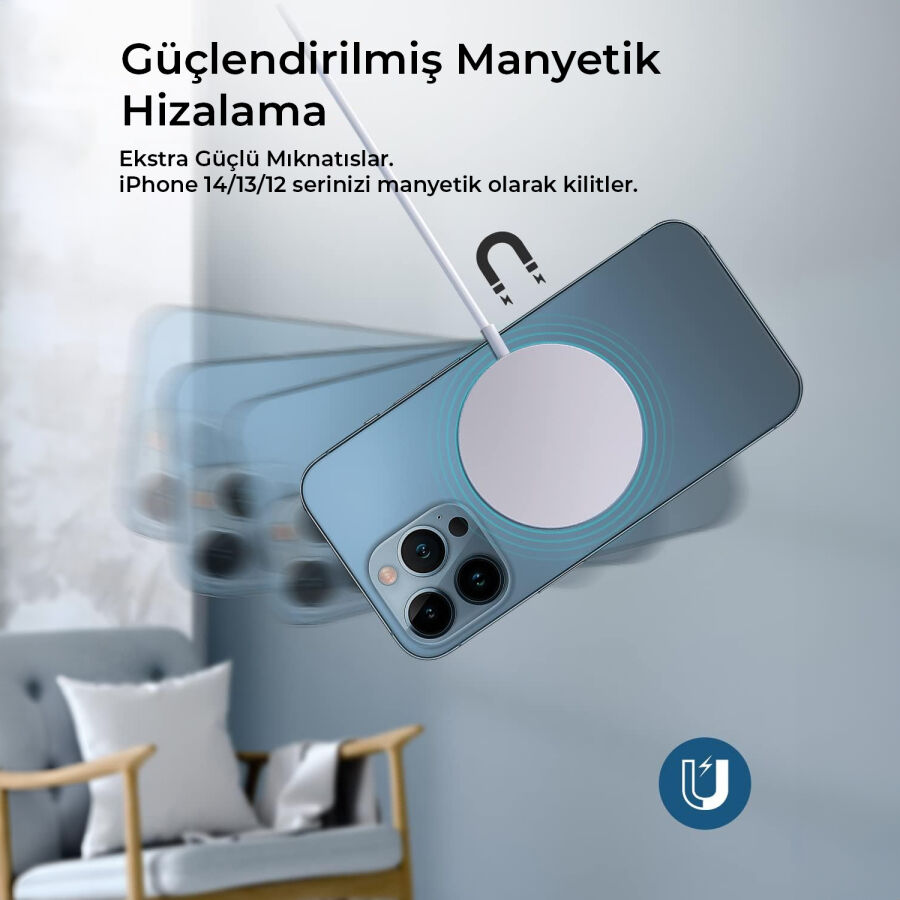 Bix 15W Manyetik Kablosuz Şarj Cihazı ve 20W GaN Type-C PD Şarj Adaptörü Beyaz - 9