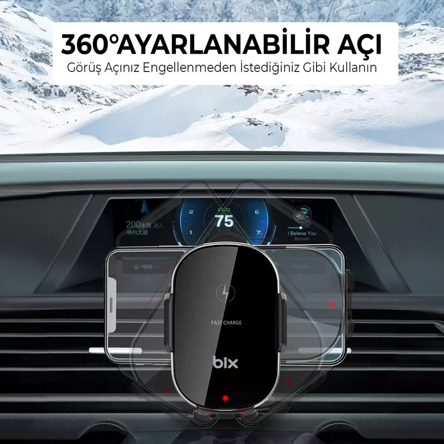 Bix 15W Manyetik Kablosuz Şarj Destekli 360° Ayarlanabilir Araç içi Telefon Tutucu - 5
