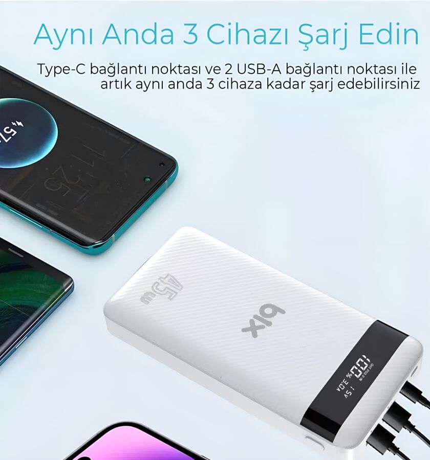 Bix 20000mAh 45W 2*USB ve Type-C Hızlı Şarj Destekli Led Göstergeli Powerbank Beyaz - 6