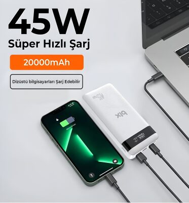 Bix 20000mAh 45W 2*USB ve Type-C Hızlı Şarj Destekli Led Göstergeli Powerbank Beyaz - 7