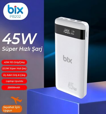 Bix 20000mAh 45W 2*USB ve Type-C Hızlı Şarj Destekli Led Göstergeli Powerbank Beyaz - 8