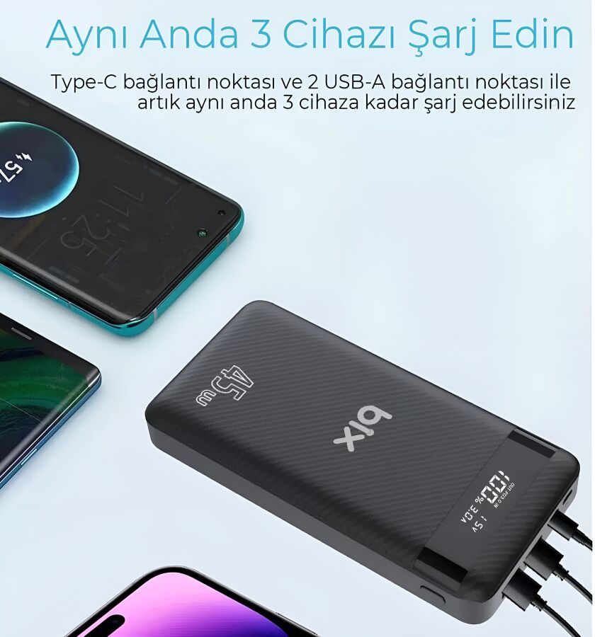 Bix 20000mAh 45W 2*USB ve Type-C Hızlı Şarj Destekli Led Göstergeli Powerbank Siyah - 5