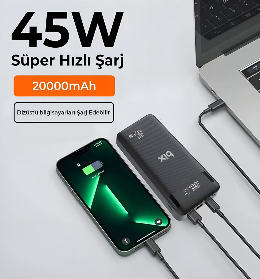 Bix 20000mAh 45W 2*USB ve Type-C Hızlı Şarj Destekli Led Göstergeli Powerbank Siyah - 6