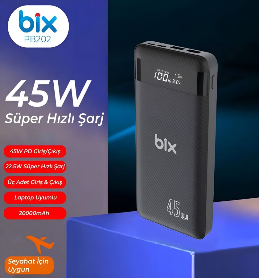 Bix 20000mAh 45W 2*USB ve Type-C Hızlı Şarj Destekli Led Göstergeli Powerbank Siyah - 7
