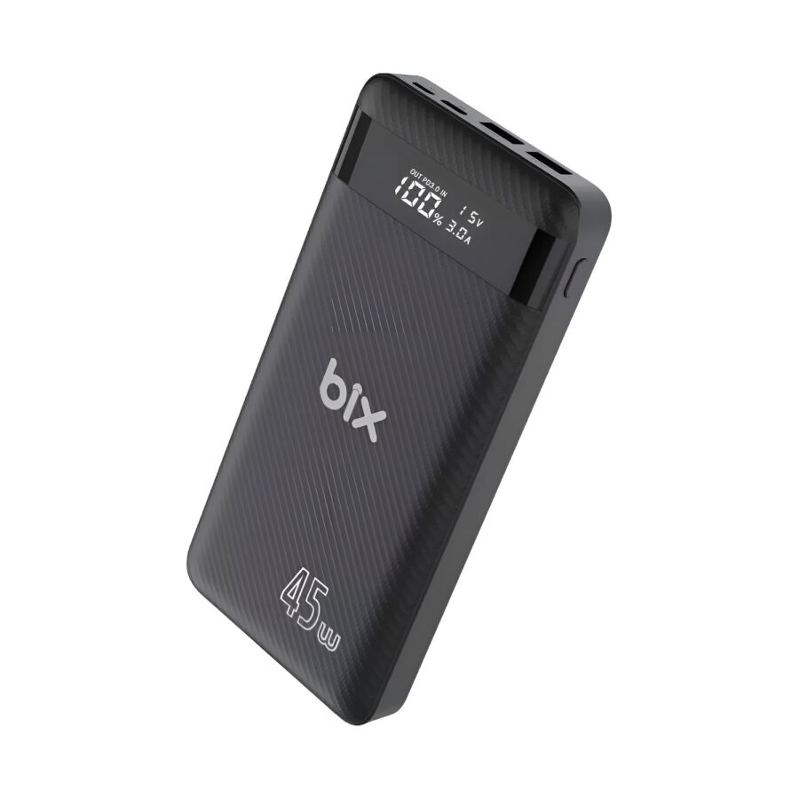 Bix 20000mAh 45W 2*USB ve Type-C Hızlı Şarj Destekli Led Göstergeli Powerbank Siyah - 1