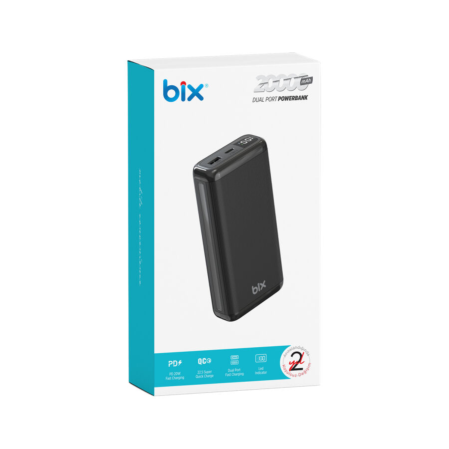 Bix 20000mAh USB-A 22.5W ve Type-C PD 20W Çift Çıkışlı LED Ekranlı Powerbank Siyah - 4