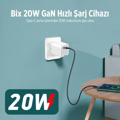 Bix 20W GaN USB-C Hızlı Şarj Adaptörü iPhone, Android ve iPad Uyumlu Type-C PD Şarj Aleti Beyaz - 7