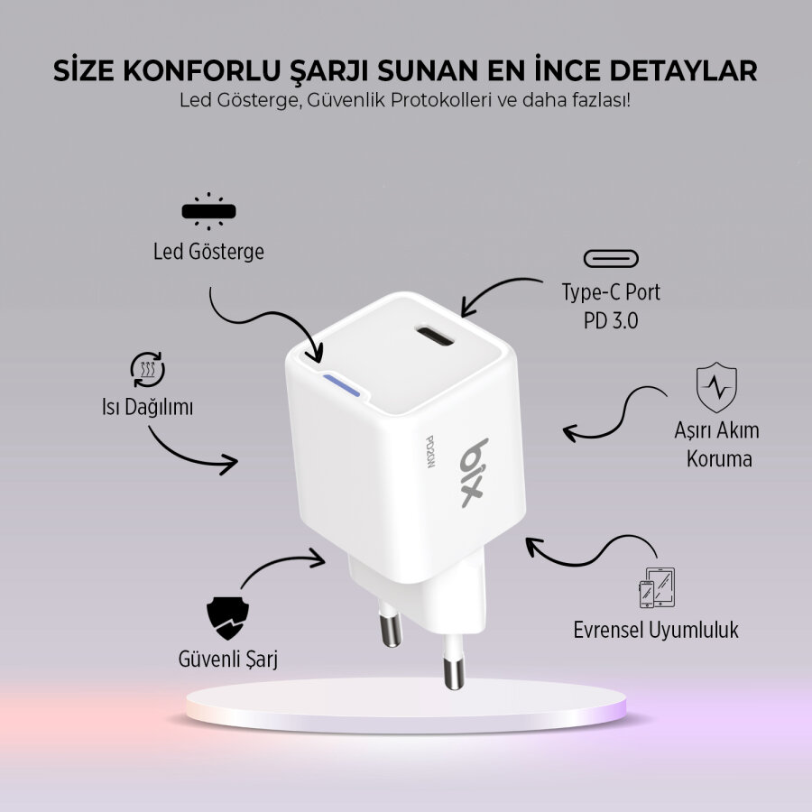 Bix 20W GaN USB-C Hızlı Şarj Adaptörü iPhone, Android ve iPad Uyumlu Type-C PD Şarj Aleti Beyaz - 8