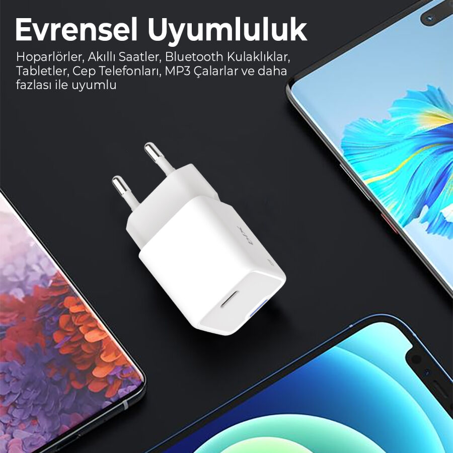 Bix 20W GaN USB-C Hızlı Şarj Adaptörü iPhone, Android ve iPad Uyumlu Type-C PD Şarj Aleti Beyaz - 5