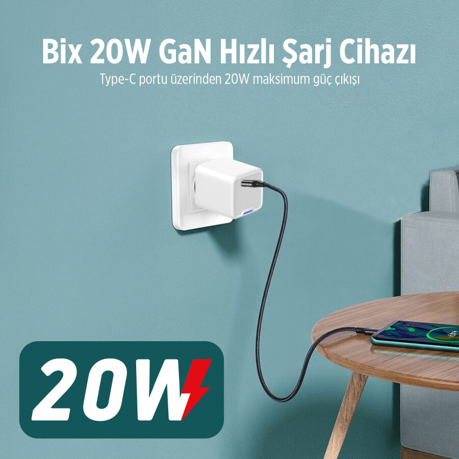 Bix 20W GaN USB-C Hızlı Şarj Adaptörü iPhone, Android ve iPad Uyumlu Type-C PD Şarj Aleti Beyaz - 7