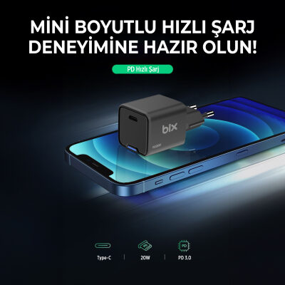 Bix 20W GaN USB-C Hızlı Şarj Adaptörü iPhone, Android ve iPad Uyumlu Type-C PD Şarj Aleti Siyah - 5
