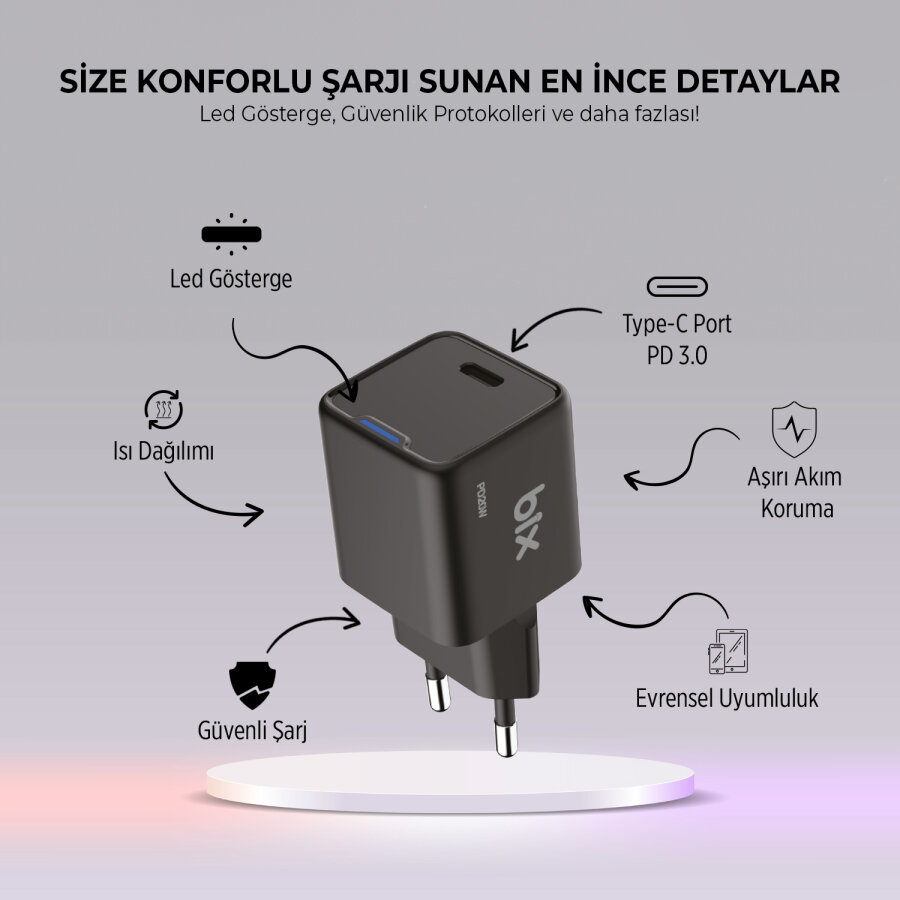 Bix 20W GaN USB-C Hızlı Şarj Adaptörü iPhone, Android ve iPad Uyumlu Type-C PD Şarj Aleti Siyah - 6