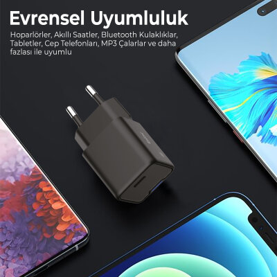 Bix 20W GaN USB-C Hızlı Şarj Adaptörü iPhone, Android ve iPad Uyumlu Type-C PD Şarj Aleti Siyah - 7