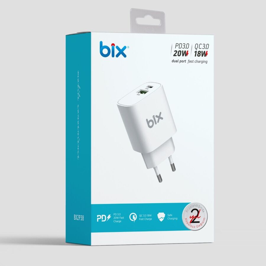 Bix 20W Type-C PD ve 18W USB QC 3.0 Çift Portlu Hızlı Şarj Cihazı - 6