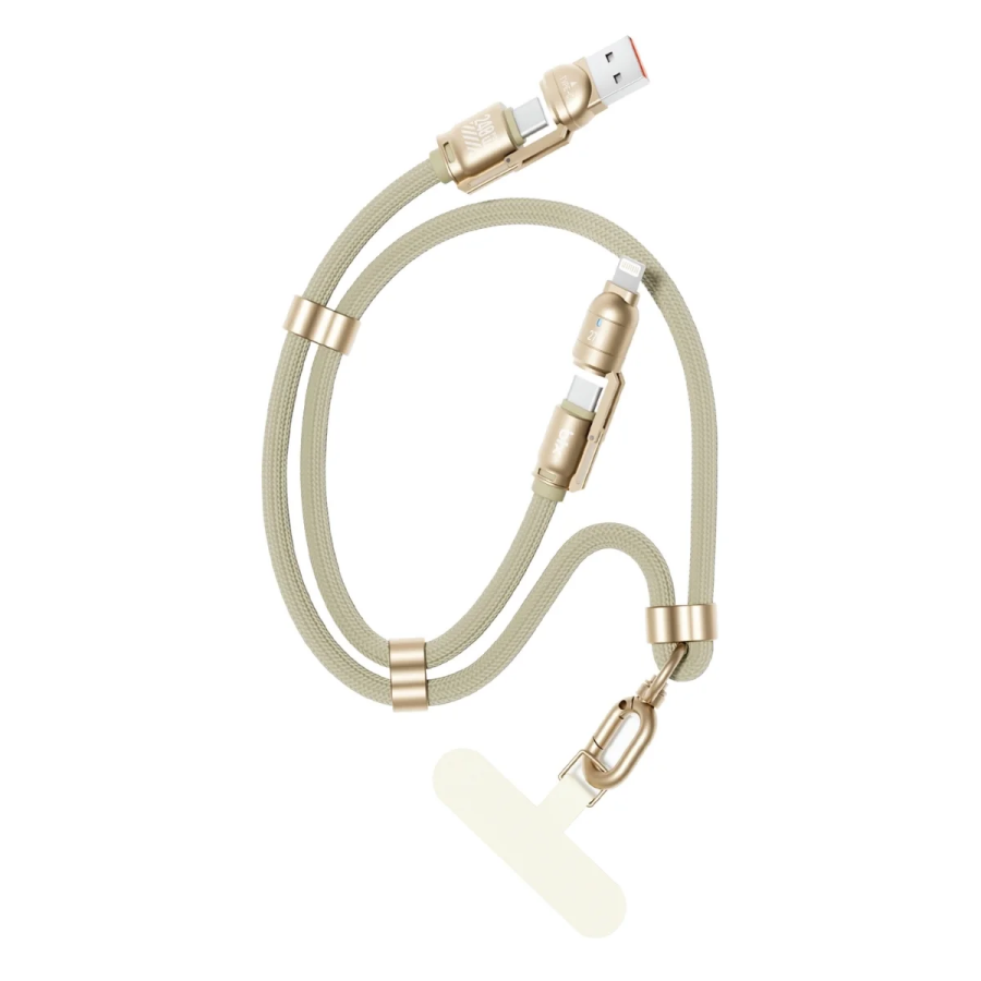 Bix 240W USB-A ve USB-C ve Lightning Çok Fonksiyonlu Askı İpli Premium Örgü 1.5 Metre Yüksek Hızlı Şarj ve Veri Kablosu Altın - 1