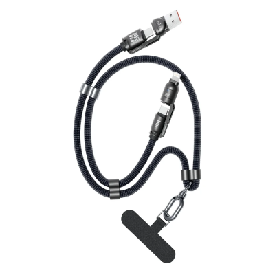 Bix 240W USB-A ve USB-C ve Lightning Çok Fonksiyonlu Askı İpli Premium Örgü 1.5 Metre Yüksek Hızlı Şarj ve Veri Kablosu Mavi