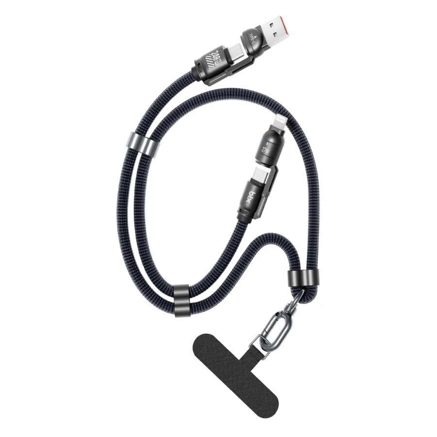 Bix 240W USB-A ve USB-C ve Lightning Çok Fonksiyonlu Askı İpli Premium Örgü 1.5 Metre Yüksek Hızlı Şarj ve Veri Kablosu Mavi - 1