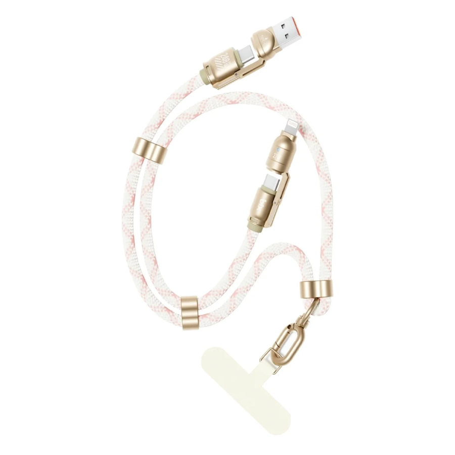 Bix 240W USB-A ve USB-C ve Lightning Çok Fonksiyonlu Askı İpli Premium Örgü 1.5 Metre Yüksek Hızlı Şarj ve Veri Kablosu Pembe - 1