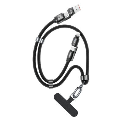 Bix 240W USB-A ve USB-C ve Lightning Çok Fonksiyonlu Askı İpli Premium Örgü 1.5 Metre Yüksek Hızlı Şarj ve Veri Kablosu Siyah