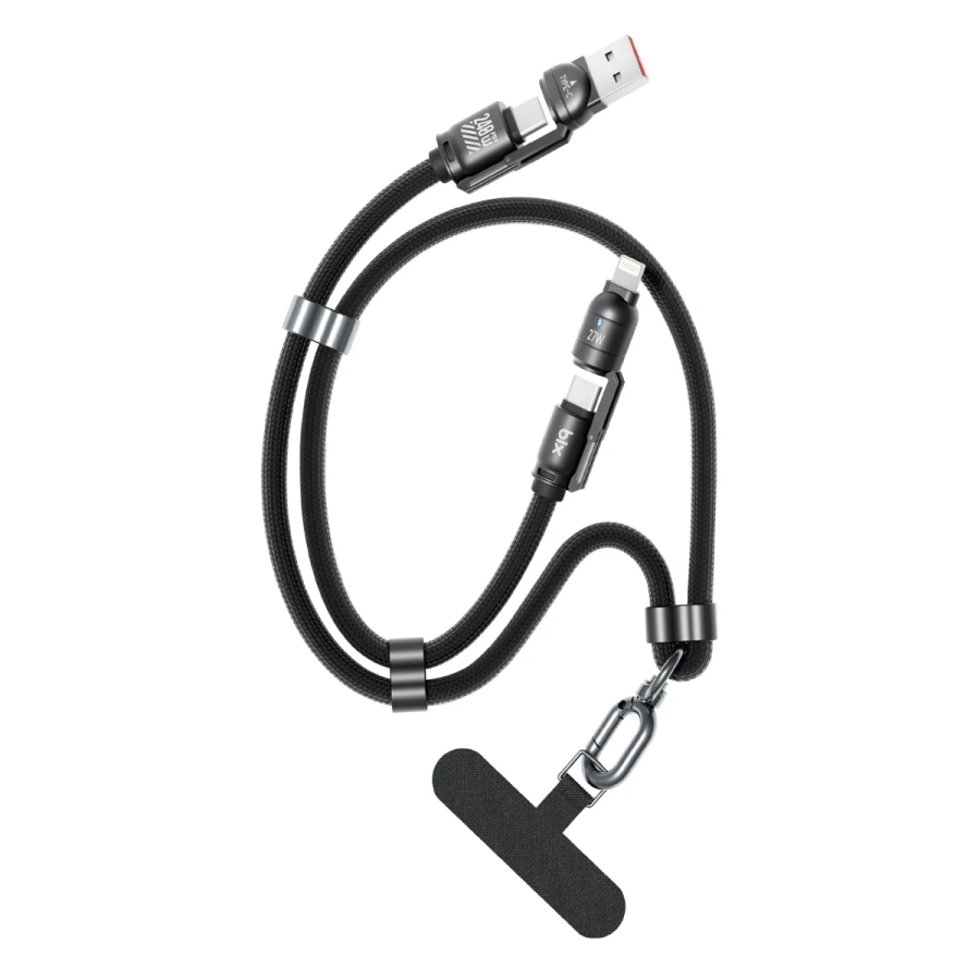 Bix 240W USB-A ve USB-C ve Lightning Çok Fonksiyonlu Askı İpli Premium Örgü 1.5 Metre Yüksek Hızlı Şarj ve Veri Kablosu Siyah - 1
