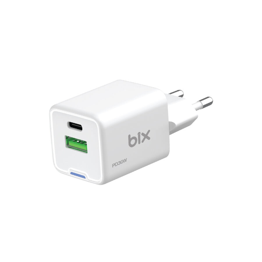 Bix 30W GaN USB-C + USB-A Hızlı Şarj Adaptörü iPhone, Android ve iPad Uyumlu Type-C PD PPS Şarj Aleti Beyaz - 1