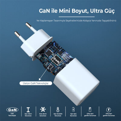 Bix 30W GaN USB-C + USB-A Hızlı Şarj Adaptörü iPhone, Android ve iPad Uyumlu Type-C PD PPS Şarj Aleti Beyaz - 5