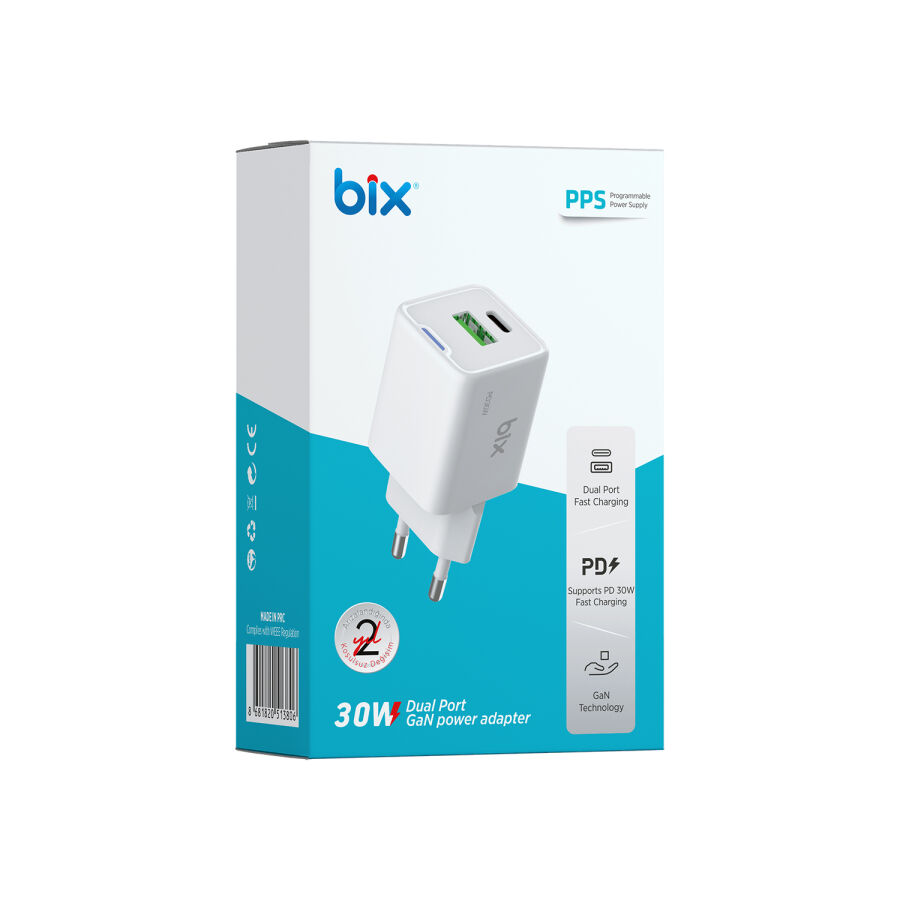 Bix 30W GaN USB-C + USB-A Hızlı Şarj Adaptörü iPhone, Android ve iPad Uyumlu Type-C PD PPS Şarj Aleti Beyaz - 8