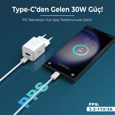 Bix 30W GaN USB-C + USB-A Hızlı Şarj Adaptörü iPhone, Android ve iPad Uyumlu Type-C PD PPS Şarj Aleti Beyaz - 6