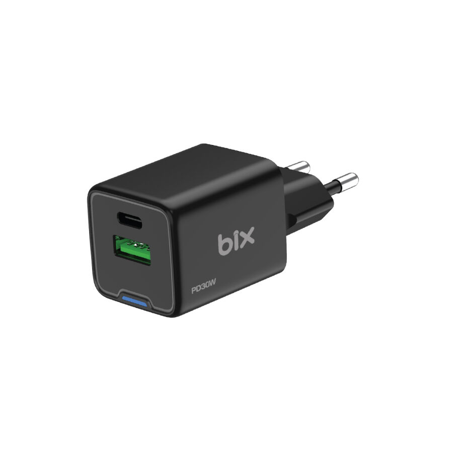 Bix 30W GaN USB-C + USB-A Hızlı Şarj Adaptörü iPhone, Android ve iPad Uyumlu Type-C PD PPS Şarj Aleti Siyah - 1