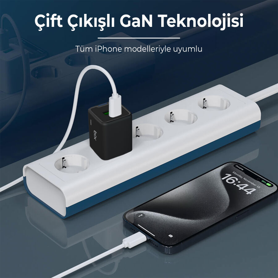 Bix 30W GaN USB-C + USB-A Hızlı Şarj Adaptörü iPhone, Android ve iPad Uyumlu Type-C PD PPS Şarj Aleti Siyah - 7