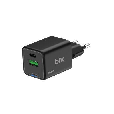 Bix 30W GaN USB-C + USB-A Hızlı Şarj Adaptörü iPhone, Android ve iPad Uyumlu Type-C PD PPS Şarj Aleti Siyah 