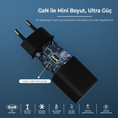 Bix 30W GaN USB-C + USB-A Hızlı Şarj Adaptörü iPhone, Android ve iPad Uyumlu Type-C PD PPS Şarj Aleti Siyah - 5