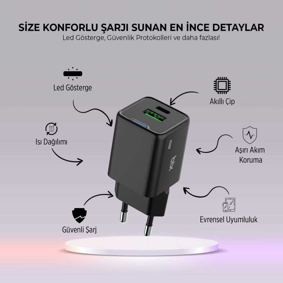 Bix 30W GaN USB-C + USB-A Hızlı Şarj Adaptörü iPhone, Android ve iPad Uyumlu Type-C PD PPS Şarj Aleti Siyah - 8