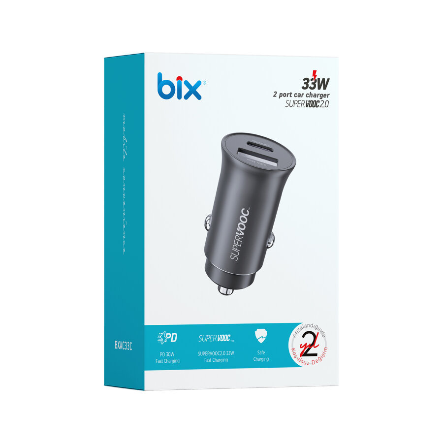 Bix 33W SuperVooc 2.0 Type-C PD ve USB-A Çift Portlu Araç içi Hızlı Şarj Cihazı - 4