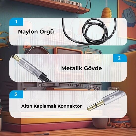 Bix 3.5mm Erkek To Erkek Örgülü Stereo Aux Ses Kablosu 2 Metre - 2
