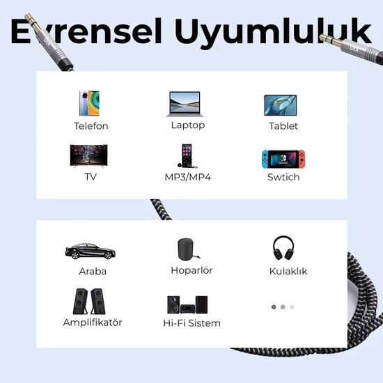 Bix 3.5mm Erkek To Erkek Örgülü Stereo Aux Ses Kablosu 3 Metre - 5