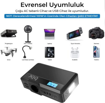 Bix 40000mAh 230V 100W İnverter Powerbank 2*USB 1*Type-C PD Çıkışlı LED Işıklı Şarj İstasyonu - 9