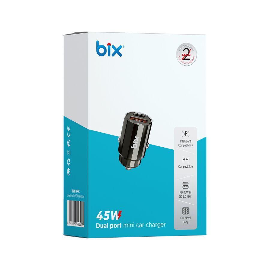 Bix 45W Type-C PD ve USB-A QC 3.0 18W Çift Çıkışlı Mini Metal Araç Şarj Cihazı Siyah - 3