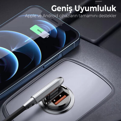 Bix 45W Type-C PD ve USB-A QC 3.0 18W Çift Çıkışlı Mini Metal Araç Şarj Cihazı Siyah - 8