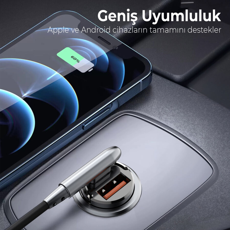 Bix 45W Type-C PD ve USB-A QC 3.0 18W Çift Çıkışlı Mini Metal Araç Şarj Cihazı Siyah - 8