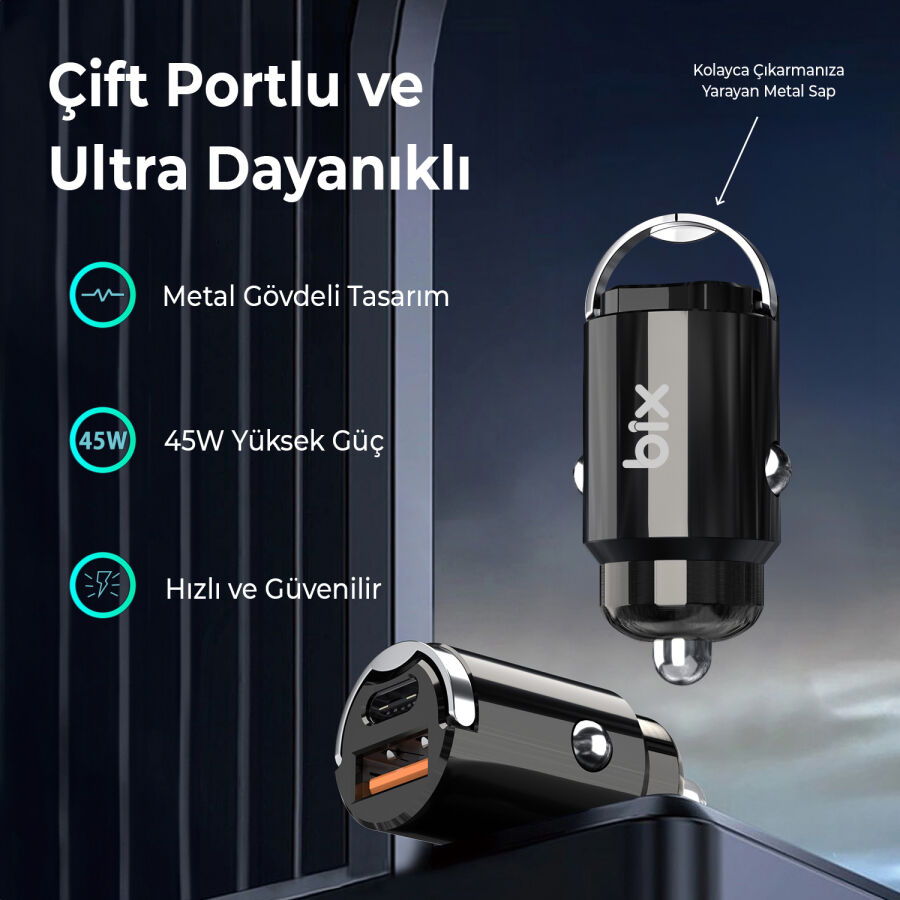 Bix 45W Type-C PD ve USB-A QC 3.0 18W Çift Çıkışlı Mini Metal Araç Şarj Cihazı Siyah - 6
